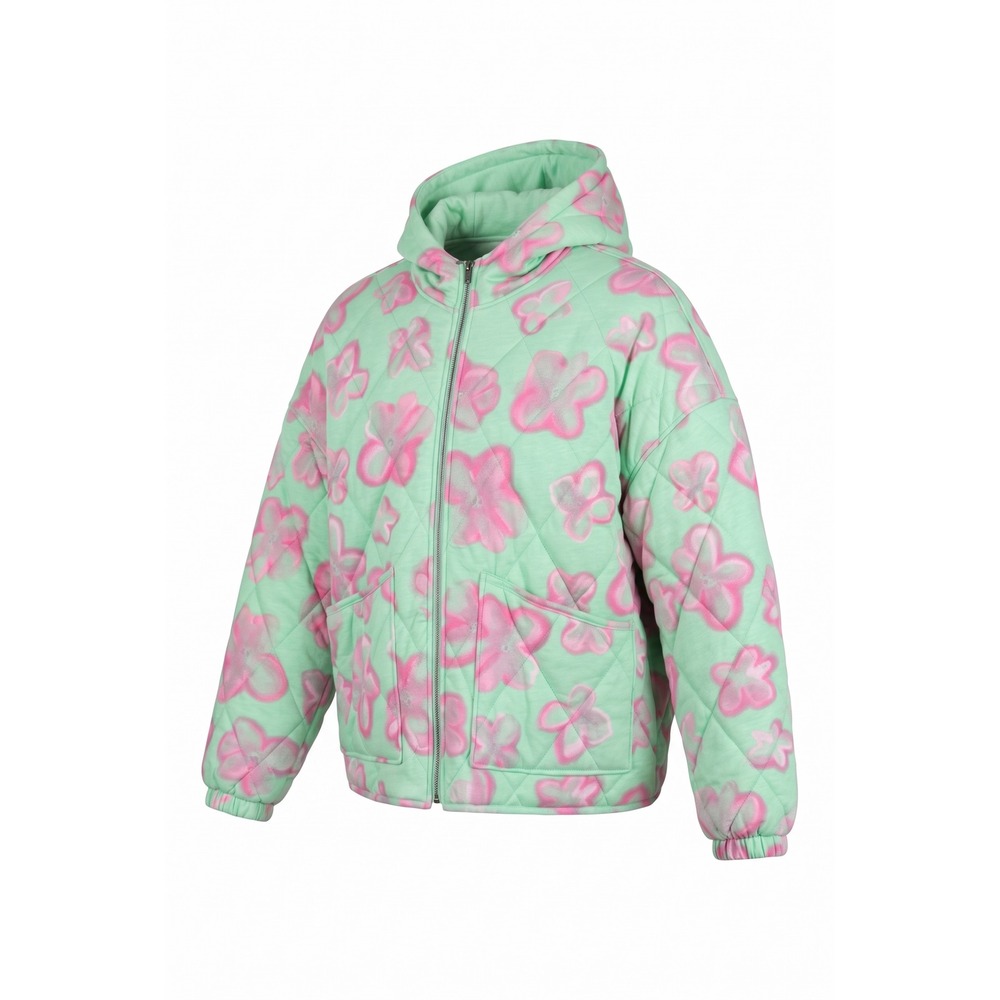 Wild Fable Mint Green Pink Floral Quilted Zip Up Hooded Jacket Large